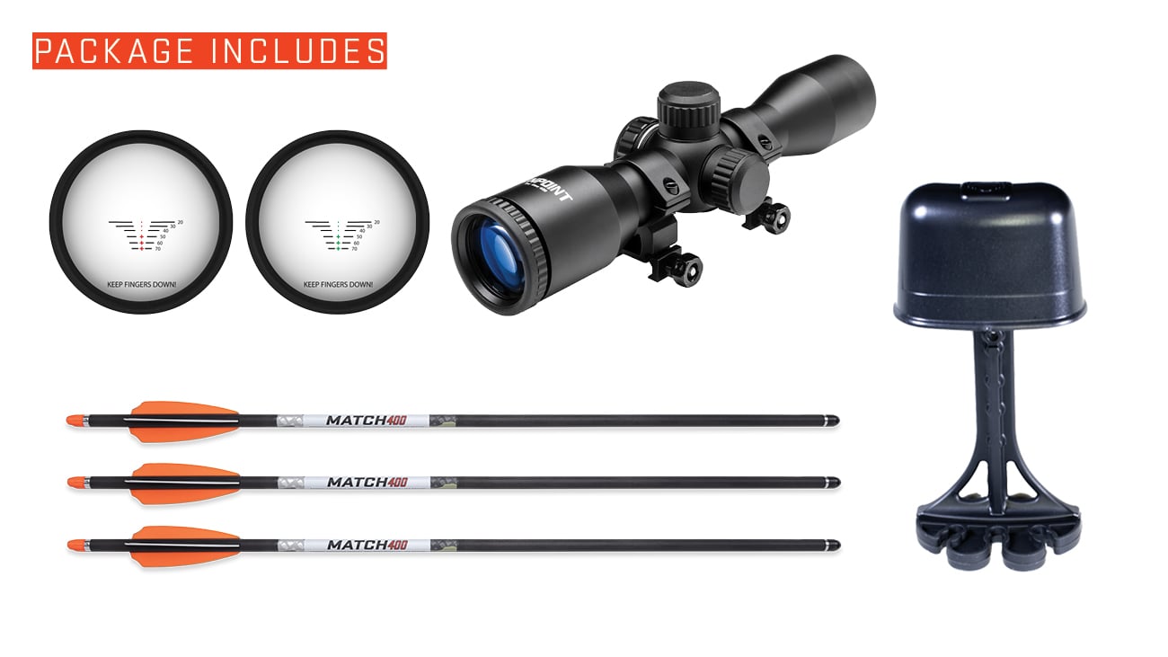 Package includes Pro-View 400 Scope, 3 Match 400 Carbon Arrows, Quiver