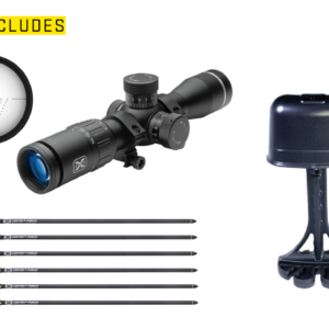 Package includes EVO-X Marksman Elite Scope, 6 CenterPunch Carbon Arrows, Quiver