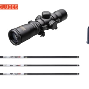 Package includes RangeMaster Pro Scope, 3 Match 400 Carbon Arrows, Quiver